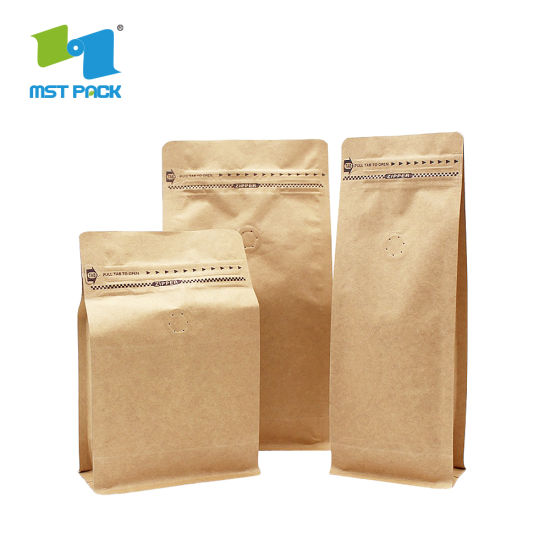 Válvula de bolsas de café de papel Kraft de fondo de bloque biodegradable de empaquetado impreso de alta calidad al por mayor