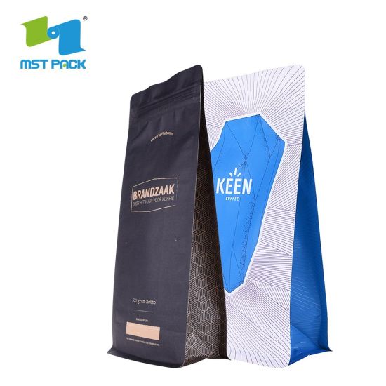 Embalaje flexible biodegradable certificado por la FDA Empaquetado con cierre hermético 8 oz 10 oz 12 oz Bolsa de café de papel de aluminio con refuerzo lateral