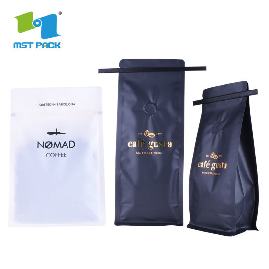 Embalaje flexible biodegradable certificado por la FDA Empaquetado con cierre hermético 8 oz 10 oz 12 oz Bolsa de café de papel de aluminio con refuerzo lateral