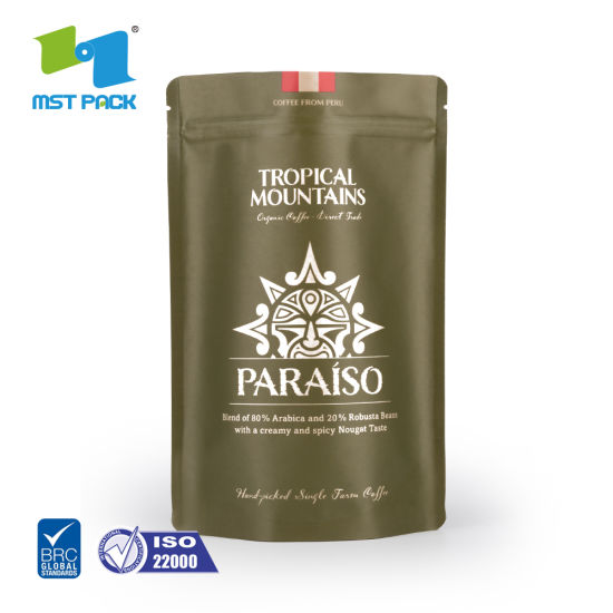 Estándar de alimentos 100% biodegradable Papel de aluminio impreso personalizado Embalaje de pie Bolsas de té de café verde