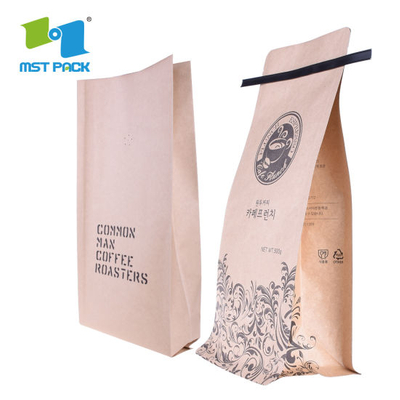 Logotipo personalizado al por mayor de impresión de fondo plano de papel biodegradable forrado de papel marrón Kraft Compostable Tie Tie Coffee Bag con Ziplock