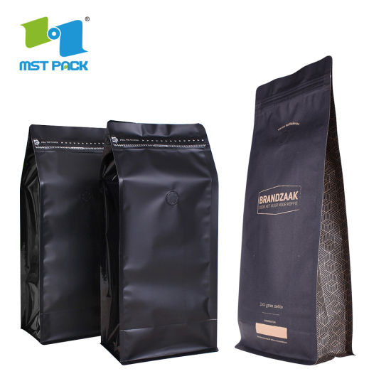 Venta al por mayor Material laminado personalizado Fondo cuadrado flexible Embalaje de aluminio ecológico Válvula de desgasificación biodegradable Bolsas de café con logotipo impreso